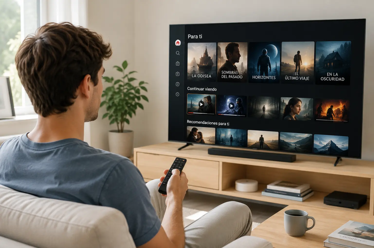 Persona utilizando una plataforma de streaming con contenidos y recomendaciones personalizadas según su actividad.
