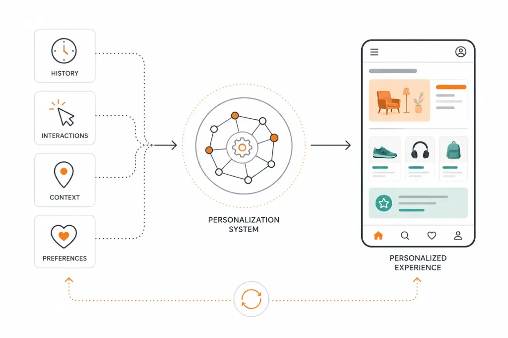 Personalization system using history, interactions, context, and preferences to tailor a digital experience.