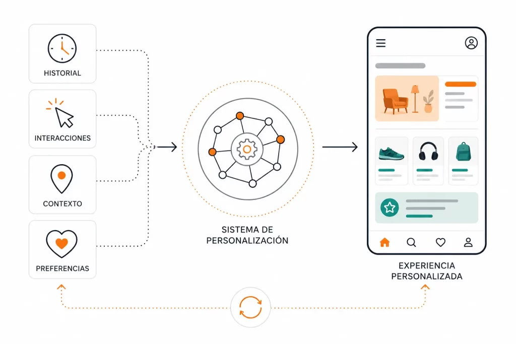 Sistema de personalización que utiliza historial, interacciones, contexto y preferencias para adaptar la experiencia digital.